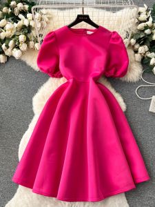 French Elegant round Neck Bubble Sleeve Waist Cinched Dress Women Summer Slimming High End Feeling Full Skirted Puffy Gown Long Dress