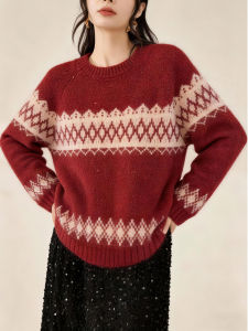 QINGNAER | Fair Isle Knit Loose Vintage Large Size Womens Sweater