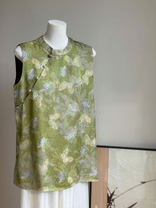 YUFUQING | เสื้อกั๊กแขนกุดพิมพ์ลายดอกไม้สีเขียวสไตล์จีนย้อนยุคสำหรับผู้หญิงในช่วงฤดูร้อน เสื้อตัวบนทรงหลวมเอวสูง ผ้าโพลีเอสเตอร์ 100%