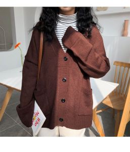 Spring Clothing 2023 New Arrival Knitting Cardigan Sweater Outwear V Neck Tops Female Pure Color Loose and Lazy Style Stylish