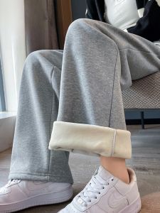 YAMIANNV | Plus Size Womens Winter Comfortable Wide Leg Pants Fleece Lined Thickened Casual Floor Length Trousers Street Style High Waist