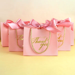 5pcs Pink Thank You Candy Bags Wedding Favors Biscuit Gift Packaging Paper Handbag For Children Birthday Party Decor Baby Shower