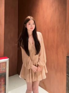 XZY Gentlewoman Style V-neck Long Sleeve A-line Short Dress Womens plus Size Summer Slimming Dress High Waist Conformity