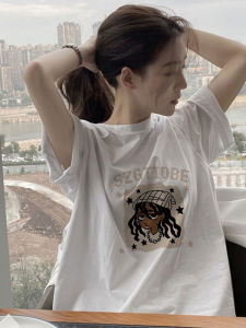 White Loose Fit Short Sleeve T-Shirt Womens Fashion Summer American Retro Style Slimming Top Comfortable Cotton round Neck