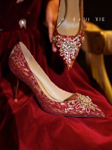 Red High Heels Womens New 2025 Pointed Toe Thin Heel Chinese Style Elegant Bride Shoes Two-Way Wear Wedding Shoes
