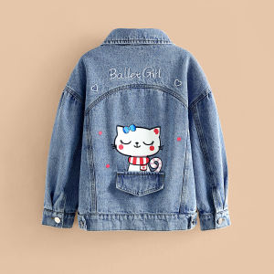 Adorable Cat Design Cotton Denim Jacket for Girls Spring Autumn Korean Style Pure Cotton Outerwear Trendy Childrens Clothing