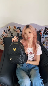 Disney Mickey Stylish Korean Version Quilted Backpack Black Mini Leather Bag for Women Female Cute Daily Bag