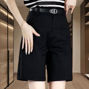 Pure Color High Waist Middle Pants Womens Summer Thin Slimming Suit Pants Loose A- line Wide Leg Casual Fashion Fifth Pants