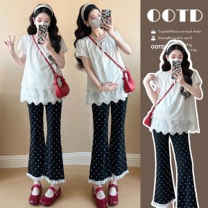XIXIJIA | Pregnant Maternity Set Stylish Slimming Rejuvenating Lace Edge Dots Pants