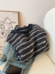 Loose Fit round Neck Pullover Hoodie Womens Korean Style Retro Striped Casual Artistic Outerwear Autumn Trendy Fashion