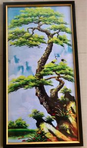 Hiasan Dinding Cetak Gambar Lukisan Pohon Bonsai dan Burung Plus Bingkai Uk:100cm x 50cm