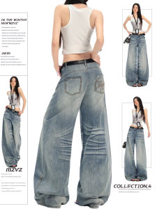 MZVZ | Quần Jeans Chân Rộng Thêu Mustache Mèo Vintage