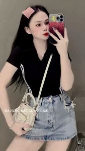 Áo thun Pô Lô CROPTOP nữ Tay ngắn PHOM ÔM phối hai sọc thân phom ôm sát ( 787 )