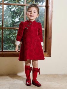 Red Cheongsam Cotton Lined Childrens Dress New Years Celebration Babys First Year Ceremony Traditional Chinese Style Girls Clothing