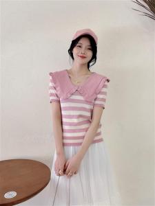 Chic Summer Vintage Anti-Aging Doll Collar Loose Versatile Casual Color Block Short Sleeve Striped Knitted Top for Women