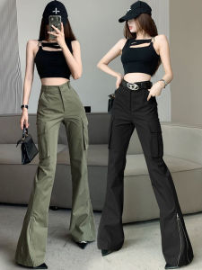 กางเกงทำงานสีเขียวทหารสไตล์อเมริกันย้อนยุคสำหรับผู้หญิง กางเกงขายาวทรงตรงซิปบางฤดูร้อน กางเกงขายาวทรงขาบานเล็ก