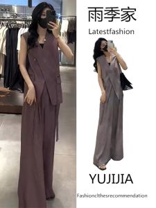 Fashionable Plus Size Womens Suit Jacket and Wide Leg Pants Two-Piece Set Slimming Design Summer New Arrival No Sleeves