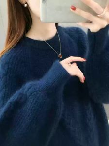 เสื้อสเวตเตอร์ถักแบบหลวมๆ คอตั้ง แขนยาว ทรงหลวม แขนโคมไฟ หนา ถักแบบหนา เสื้อชั้นใน เสื้อผ้าทำงานสไตล์เกาหลี