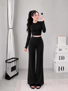 Set áo croptop cổ tròn tay dài kèm quần dài ống rộng KVYBODY S30 chất thun cotton borip lụa dày mịn co giãn