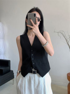 Black Suit Vest Womens Short Outerwear Summer 2024 Waist-Cinching Belted Sleeveless Shoulder Pad Vest V-neck Single Button
