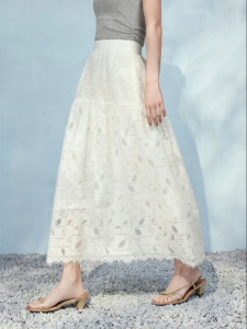 SUSHE | Elastic High Waist A-Line Lace Patchwork White Long Skirt