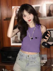 Purple Cat Print Pure Cotton Short Sleeve T-Shirt Womens Summer Slim Fit Trendy Short Style Top Casual round Neck Tee