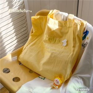 Large Capacity Canvas Tote Bag Embroidered Cream Yellow Single Shoulder Shopping Bag for Women Cute Girl School Bag Tote