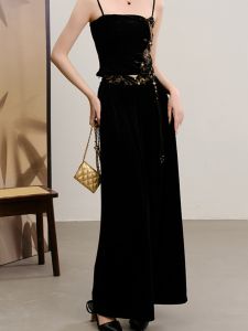 Missneko Velvet Wide Leg Pants Womens Casual Trousers with Pendant Chinese New Style Silk Luster Straight Cut Commuter Pants