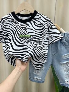 Boys Summer Outfit Short Sleeve Two-Piece Set Trendy Fashionable Streetwear Cotton Cartoon Korean Style Child Clothing Set