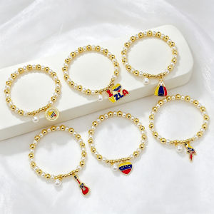 Enamel Art Violin Round Heart-Shaped Venezuelan Flag Pearl Chain Stretch Bracelet for Women Men Party Patriotic Jewelry Gift