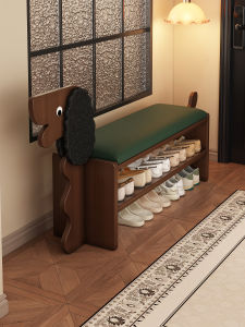 Modern Minimalist Solid Wood Doggie Shoe Changing Bench Entrance Hall Home Use Seat Leather Surface Storage Function