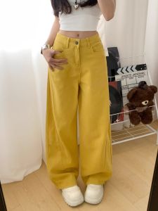 Quần Jeans Denim Ống Rộng Cạp Cao Màu Vàng Cho Nữ Quần Dài Dài Đến Sàn Phong Cách Thường Ngày Quần Dài Thường Ngày