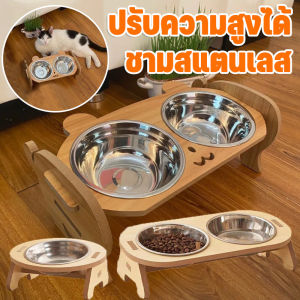 【select_sea】ชามอาหารสัตว์เลี้ยง ชามอาหารสัตว์ ใส่อาหารหมา แมว ชามเอียง ตัวฐานเป็นไม้ ชามสแตนเลส