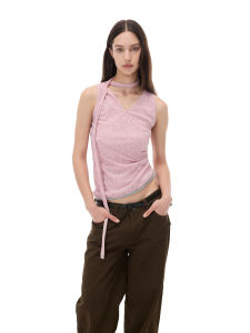 Costustoot Asymmetric Deconstructed Sash V-neck Gathered Stripe Patchwork Hem Waist-cinching Overhead Strap Vest Womens Fashion