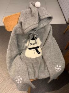 Cute Cartoon Snowman Hoodie Womens Autumn Winter Christmas Atmosphere Loose Lazy Style Soft Cozy Knitted Sweater Top
