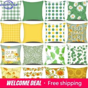 Daisy Flowers Print Summer Home Decor Sofa Cushion Cover Green and Yellow Plaid Cushion Cover