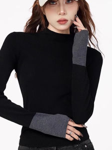 chaqi | Áo len dệt kim dài tay màu đen cổ cao cho nữ mùa thu mềm mại ôm vừa vặn màu tương phản áo lót áo sơ mi áo chui đầu