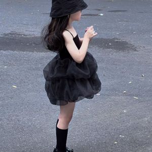 Little DR Dress Kids Girls Black Sling Fluffy Skirts Princess Mesh Korean Children Baby Slip Dress 2024 INS Birthday Party Clothes Summer Casual 10 Years Tops