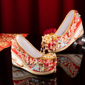 Champagne Color Chinese Traditional Hanfu Wedding Shoes New Bride High Heels Embroidered Footwear for Bridal Gown And Ceremony