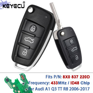 KEYECU 8X0 837 220 D 8X0837220D 433MHz ID48 Chip for Audi A1 Q3 TT R8 2006-2017 Replacement Flip Remote Key Fob 3 Buttons