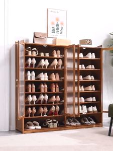 Bamboo Shoe Cabinet white/Brown Frosted Transparent Door multi-layered Large Capacity Strong Load-bearing Capacity