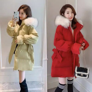 Red Mid-Length down Cotton Jacket Womens Loose Fit Thickened Coat Large Fur Collar Korean Style Commute Polyester Fabric