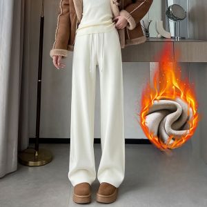 YAMIANNV | Quần dài ống rộng cạp cao bằng vải nhung lót lông cừu dài đến sàn cho nữ mùa thu đông 2024 Quần dài thoải mái bằng vải nhung