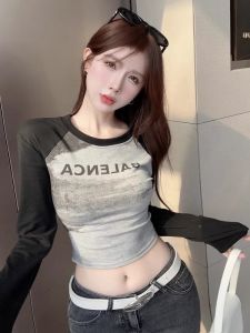 GUZILIAN | Sweet And Spicy Tie Dye Letter Print Color Block Long Sleeve Round Neck T Shirt Casual Versatile Slim Fit Short Length Top For Women