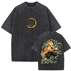 Bandai | Summer New Vintage Wash Demon Slayer Anime Graphic T Shirt Nezuko Print Men Women Cotton Short Sleeve Tee Streetwear Casual Tees