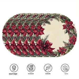 แผ่นรองจานลายดอกไม้คริสต์มาส 6 ชิ้น VIKAMA สำหรับงานสังสรรค์ครอบครัว งานเลี้ยงคริสต์มาส ของตกแต่งโต๊ะและอุปกรณ์เสริมสำหรับวันหยุด