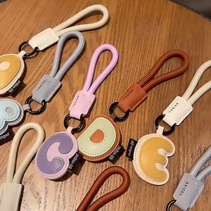 A-Z Pu Leather Letter Keychain Colorful Cartoon 3D Initials Name Pendant With Keyring Lanyard Women