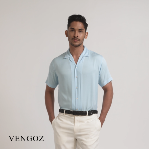 VENGOZ Kemeja Pria Pendek Polos Viscose Cuban Shirt - Soft Blue