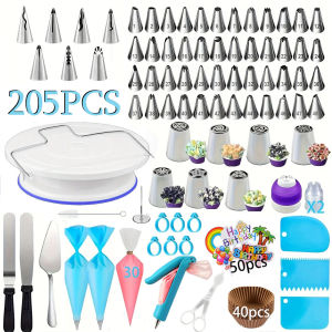 XMSJ | 205PCS Professional Cake Decorating Kit–Piping NozzlesTurntable Icing SmootherCake ToppersFondant Tools–Complete Baking Set