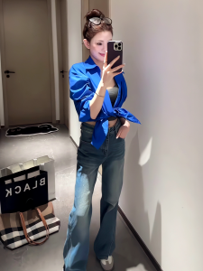 Retro Hong Kong Style Klein Blue Womens Summer Loose Casual Long Sleeve Sun Protection Shirt Design Outerwear Top